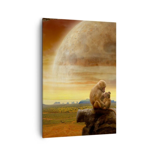 Quadro su tela - Stampe su Tela - Scimmie sedute su una roccia in un paesaggio surreale con un pianeta gigante - 70x100cm - L'amore è ovunque lo stesso - Decorazione murale moderna per soggiorno e camera da letto ARTTOR