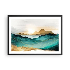 Poster in cornice nera - Paesaggio astratto con montagne e accenti dorati - 70x50cm - Paesaggio ai confini dell'astrazione - Decorazione murale moderna per soggiorno e camera da letto ARTTOR