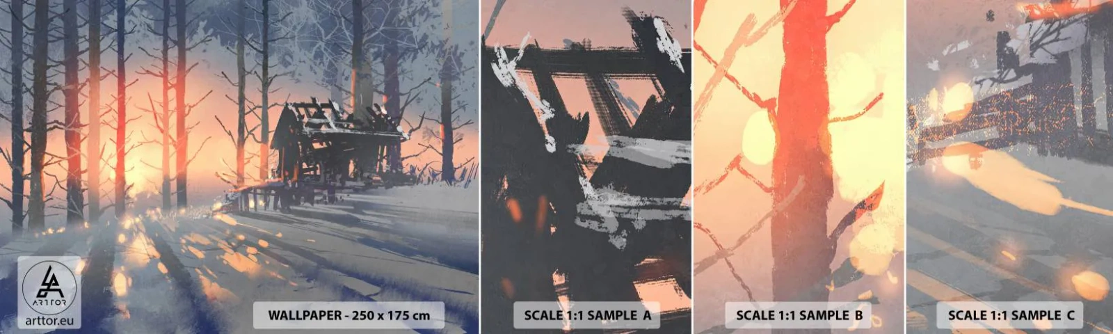 Campione di Fotomurale Adesivo Deluxe Sticker - Qui solamente il sole osserva - Paesaggio, Cottage della foresta, foresta - 100x30 cm