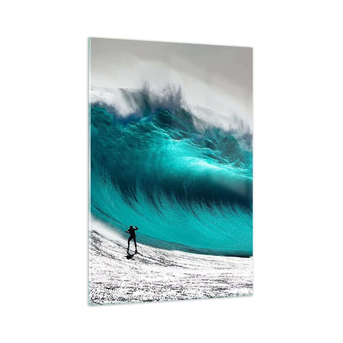 Quadro su vetro - Surfista di fronte a un'onda enorme - 70x100cm - Sfida accettata - Decorazione murale moderna per soggiorno e camera da letto ARTTOR