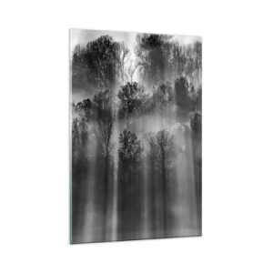 Quadro su vetro - Foresta in bianco e nero alla luce del mattino - 80x120cm - Nei getti di luce - Decorazione murale moderna per soggiorno e camera da letto ARTTOR