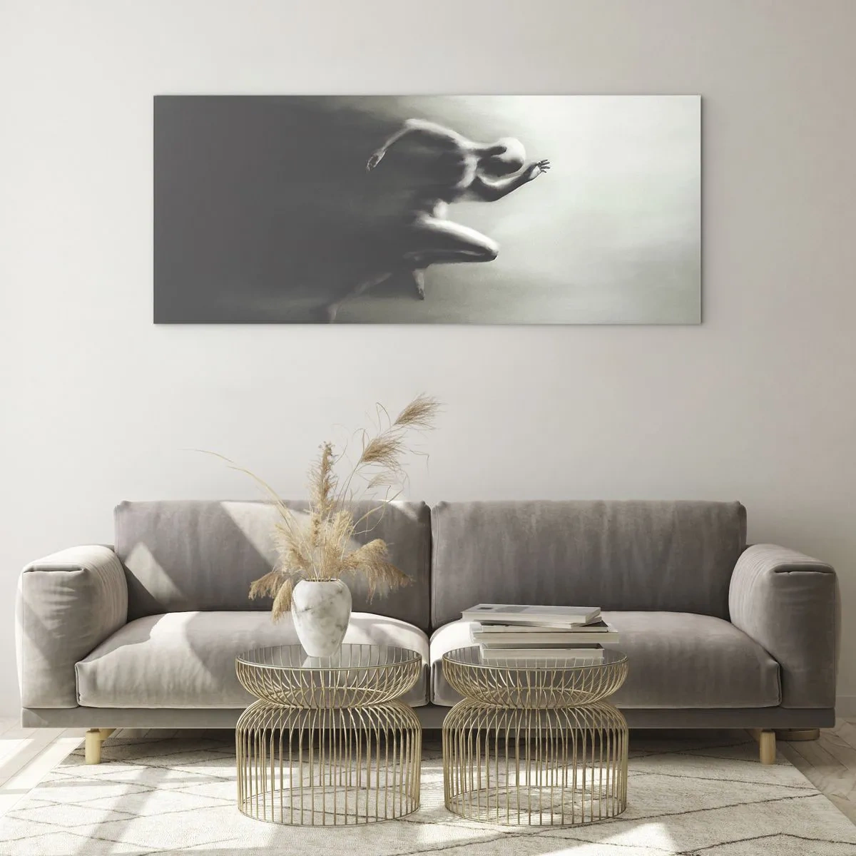 Quadro su vetro - Una silhouette in bianco e nero di una figura in corsa, realizzata in uno stile dinamico e surreale. - 160x50cm - Inarrestabile - Decorazione murale moderna per soggiorno e camera da letto ARTTOR