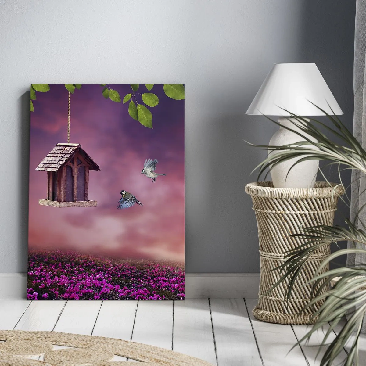 Quadro su tela - Stampe su Tela - Un paesaggio pittoresco con una casetta per gli uccelli e un tramonto - 50x70cm - Invito a cena - Decorazione murale moderna per soggiorno e camera da letto ARTTOR