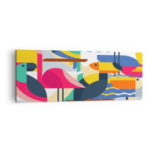 Quadro su tela - Stampe su Tela - Uccelli colorati in una composizione astratta e geometrica - 140x50cm - La festa degli uccelli - Decorazione murale moderna per soggiorno e camera da letto ARTTOR