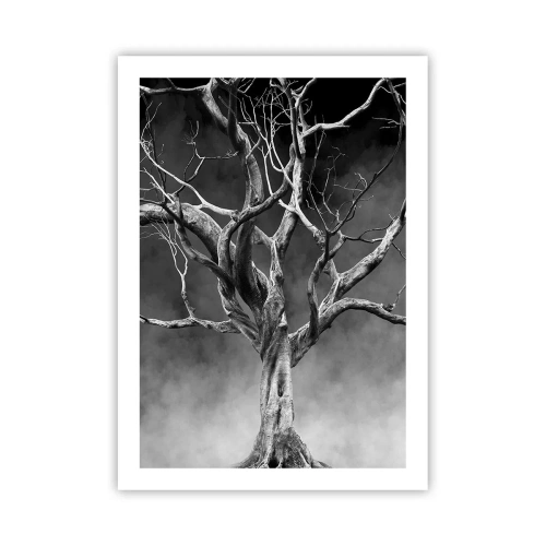 Poster - Immagine in bianco e nero di un albero su uno sfondo di nebbia - 50x70cm - Primordiale e sacro - Decorazione murale moderna per soggiorno e camera da letto ARTTOR