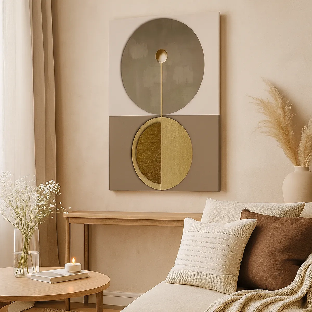 Quadro su tela - Stampe su Tela - Cerchi astratti nei toni dell'oro e del beige - 50x70cm - Equilibrio perfetto - Decorazione murale moderna per soggiorno e camera da letto ARTTOR