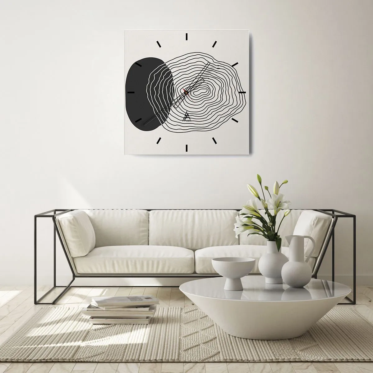 Orologio da parete - Orologio in Vetro - Motivo astratto con linee e forme in bianco e nero - 30x30cm - Durata e vibrazione - Decorazione murale moderna per soggiorno e camera da letto ARTTOR