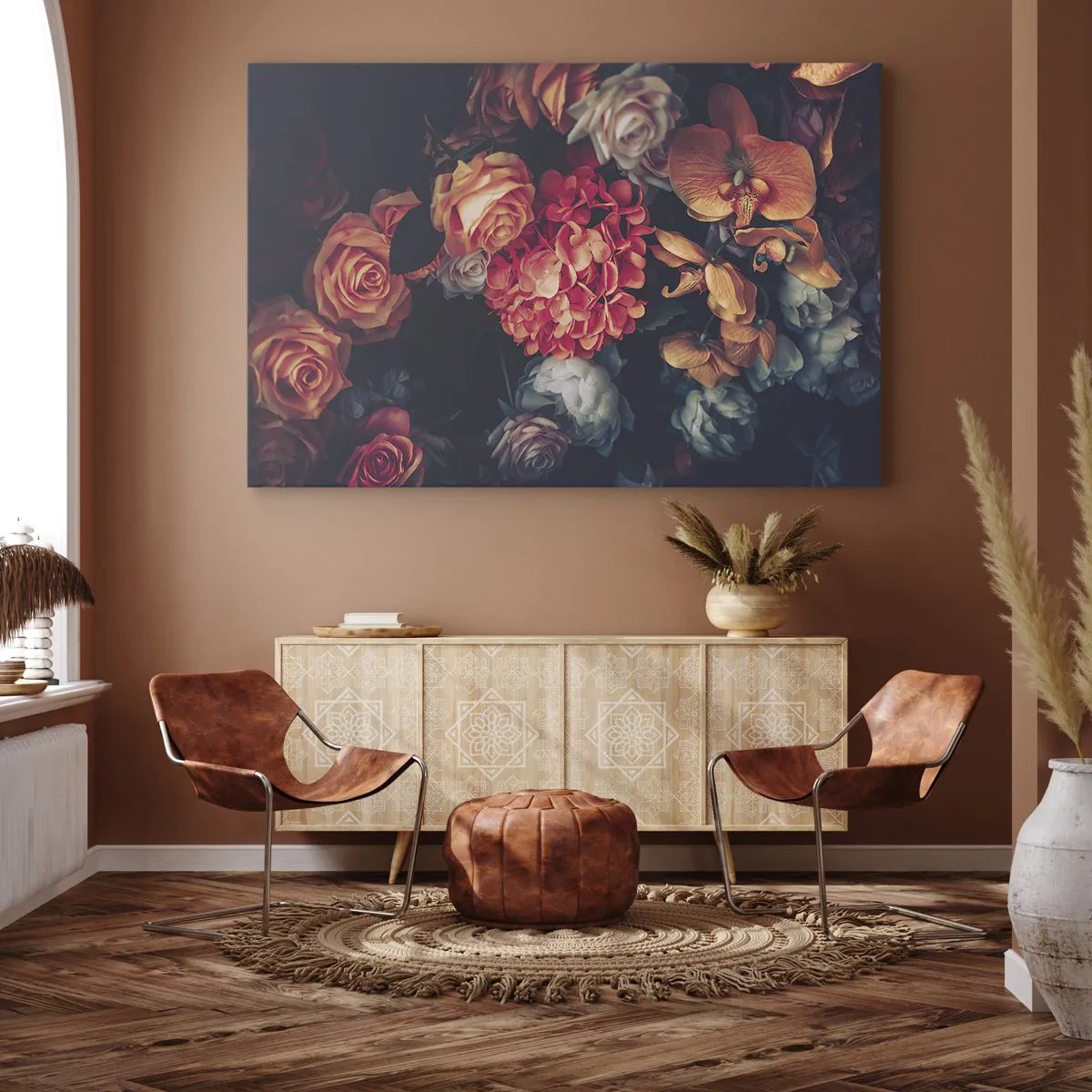 Quadro su tela - Stampe su Tela - Un mazzo di fiori vari in toni scuri - 100x70cm - Come i maestri olandesi - Decorazione murale moderna per soggiorno e camera da letto ARTTOR
