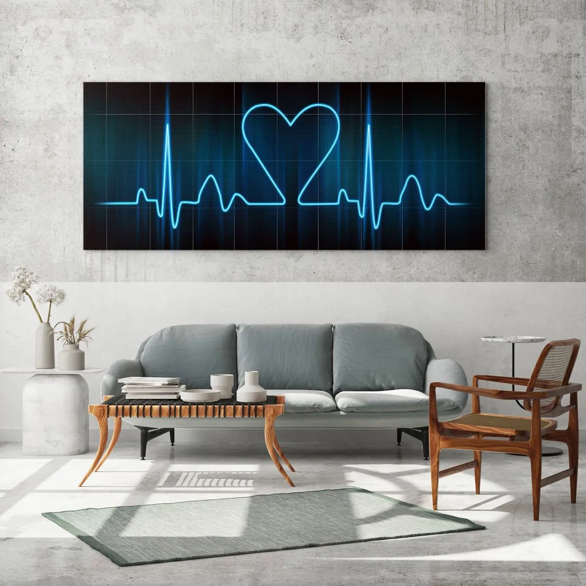 Quadro su vetro - Un'ancora di salvezza con un cuore su uno sfondo di monitoraggio medico nei toni del blu. - 160x50cm - Al ritmo del cuore - Decorazione murale moderna per soggiorno e camera da letto ARTTOR