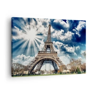 Quadro su tela - Stampe su Tela - La Torre Eiffel contro un cielo soleggiato con nuvole - 70x50cm - Unica al mondo - Decorazione murale moderna per soggiorno e camera da letto ARTTOR