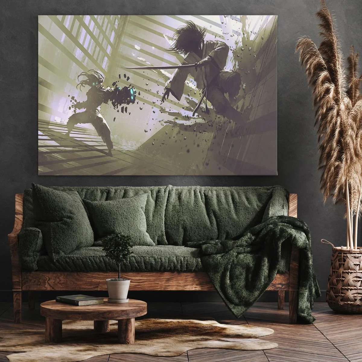 Quadro su tela - Stampe su Tela - Combattimento dinamico tra due personaggi in stile futuristico - 100x70cm - Anche tu puoi essere un samurai - Decorazione murale moderna per soggiorno e camera da letto ARTTOR