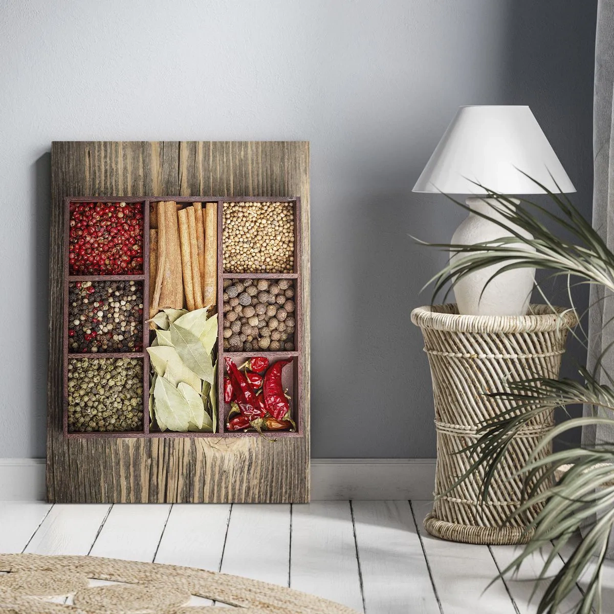Quadro su tela - Stampe su Tela - Scatola di legno con varie spezie in scomparti - 50x70cm - Ordine delle forme, bouquet degli aromi - Decorazione murale moderna per soggiorno e camera da letto ARTTOR