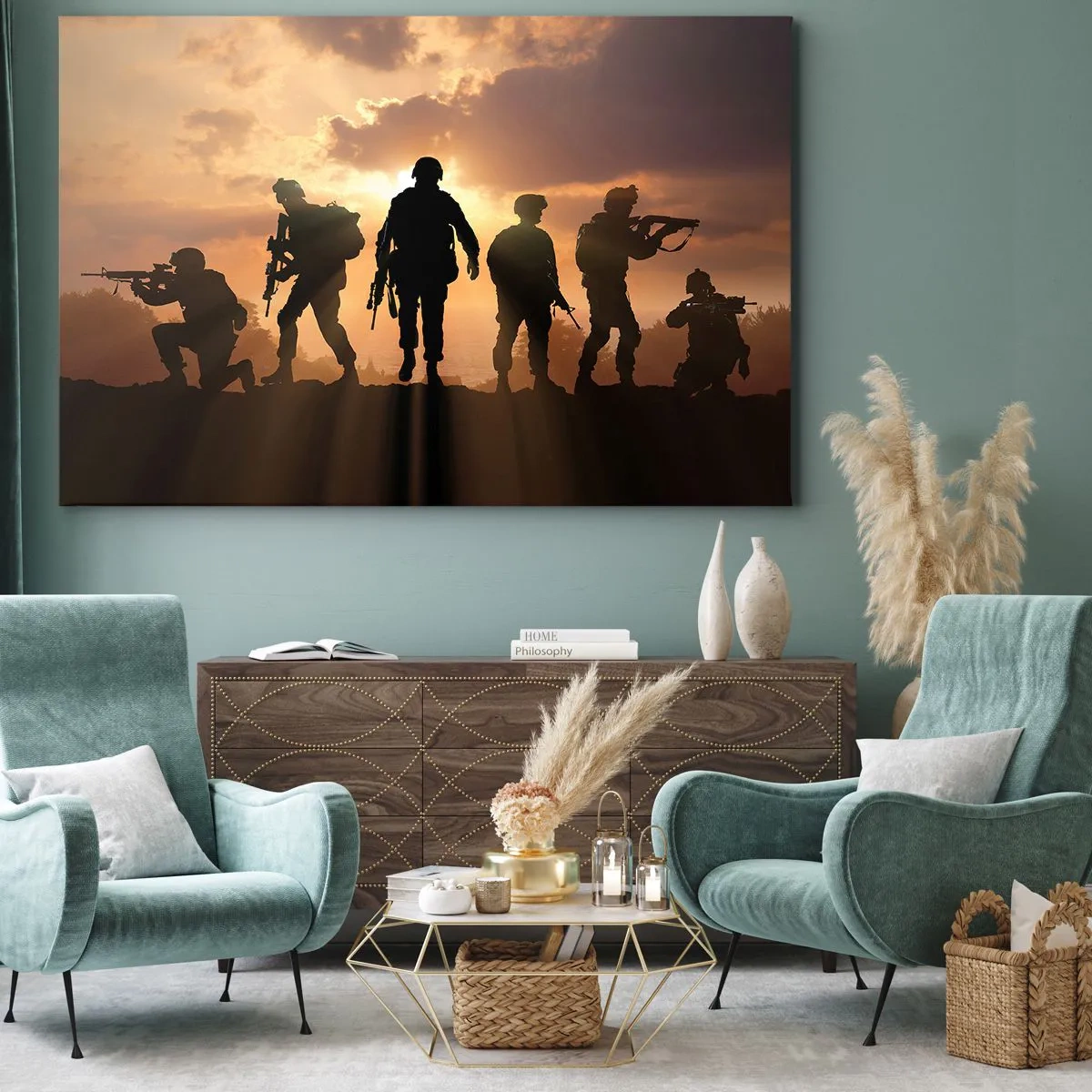 Quadro su tela - Stampe su Tela - Soldati sullo sfondo del sole al tramonto in un ambiente dinamico - 120x80cm - Brothers in arms - Decorazione murale moderna per soggiorno e camera da letto ARTTOR