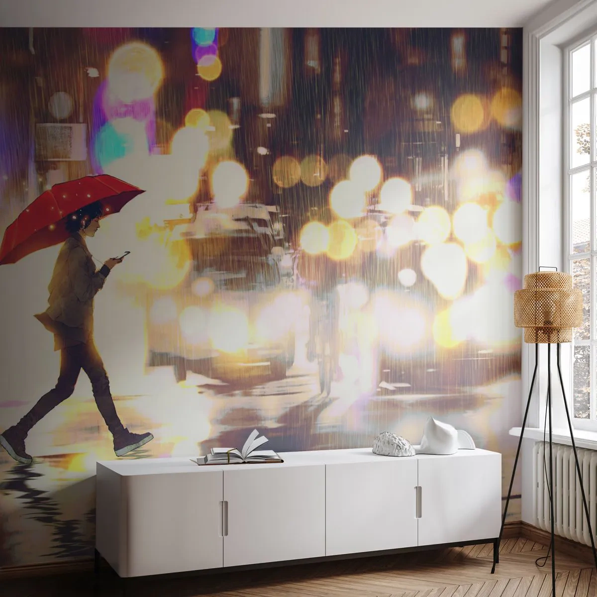 Fotomurali Autoadesivo Deluxe Sticker - Tuttavia è assolata - Città, Camminare sotto la pioggia, Ombrello - 500x350 cm