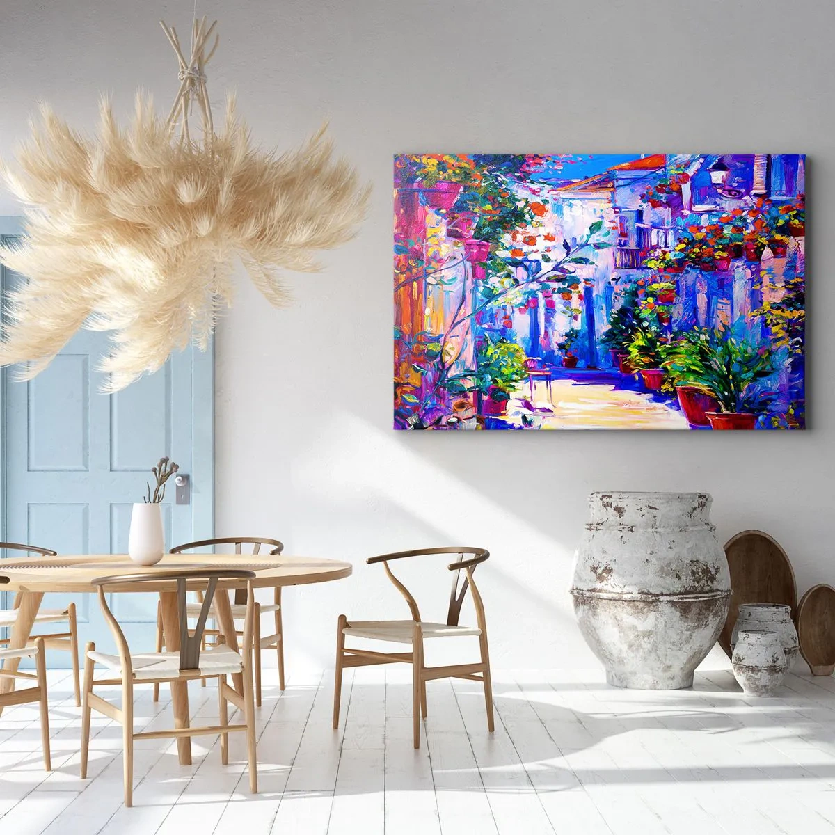 Quadro su tela - Stampe su Tela - Una strada colorata piena di fiori - 100x70cm - Impressionismo: stradina italiana - Decorazione murale moderna per soggiorno e camera da letto ARTTOR