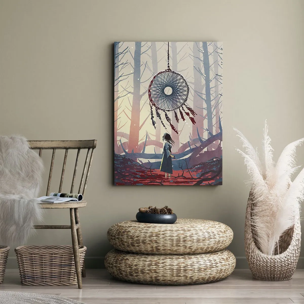 Quadro su tela - Stampe su Tela - Scena di foresta con un gigantesco acchiappasogni - 50x70cm - Il rituale segreto della felicità - Decorazione murale moderna per soggiorno e camera da letto ARTTOR