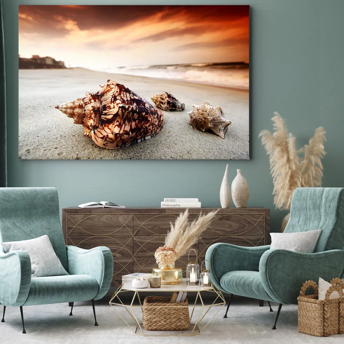 Quadro su tela - Stampe su Tela - Conchiglie sulla spiaggia al tramonto - 120x80cm - Esiliate dalle onde - Decorazione murale moderna per soggiorno e camera da letto ARTTOR