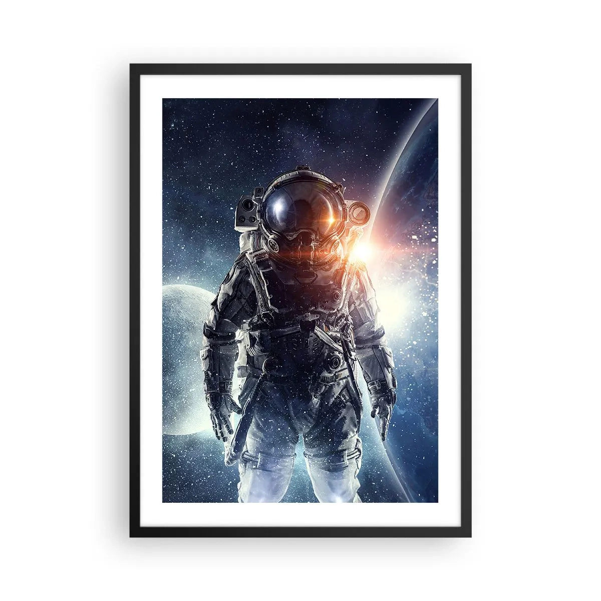 Poster in cornice nera - Astronauta nello spazio con pianeti e stelle sullo sfondo - 50x70cm - Avventura nello spazio - Decorazione murale moderna per soggiorno e camera da letto ARTTOR