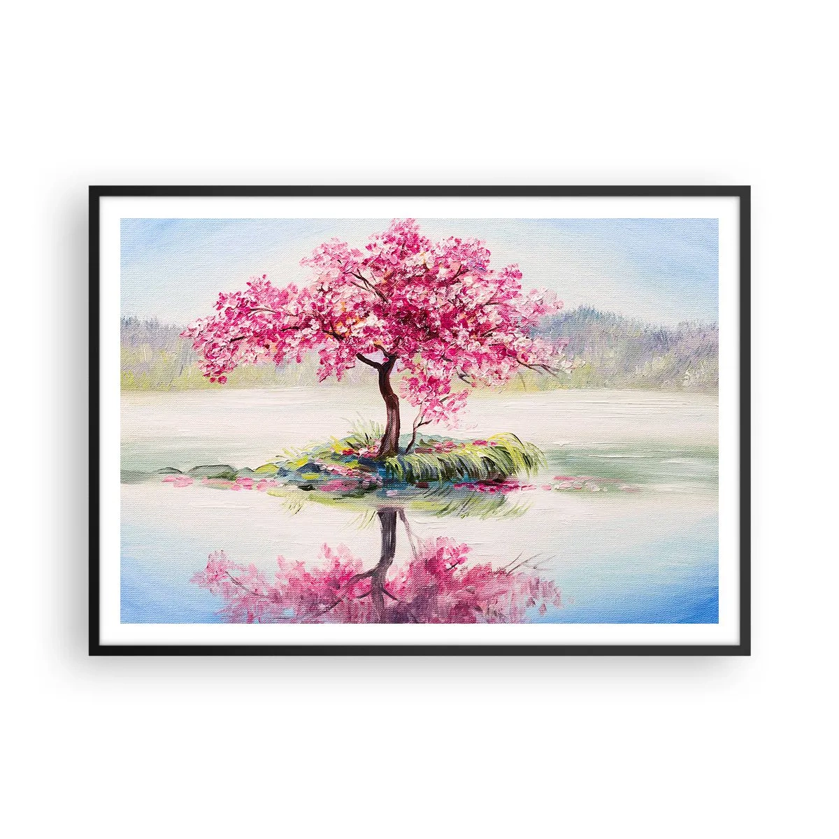 Poster in cornice nera - Un albero in fiore sull'acqua ferma - 100x70cm - La festa della primavera - Decorazione murale moderna per soggiorno e camera da letto ARTTOR
