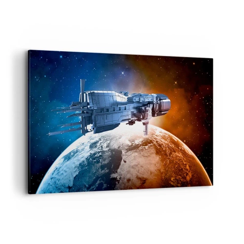 Quadro su tela - Stampe su Tela - Un'astronave sullo sfondo di un pianeta nello spazio - 120x80cm - Un attento osservatore - Decorazione murale moderna per soggiorno e camera da letto ARTTOR