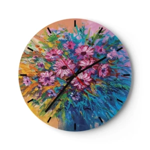 Orologio da parete - Orologio in Vetro - Una composizione di fiori colorati su uno sfondo di colori dinamici - 30x30cm - L'energia della vita - Decorazione murale moderna per soggiorno, cucina e camera da letto ARTTOR
