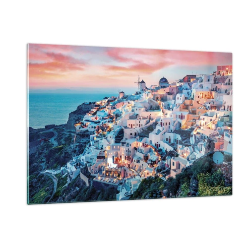 Quadro su vetro - Città greca sulla scogliera al tramonto con vista sul mare - 120x80cm - La tua grossa vacanza greca - Decorazione murale moderna per soggiorno e camera da letto ARTTOR