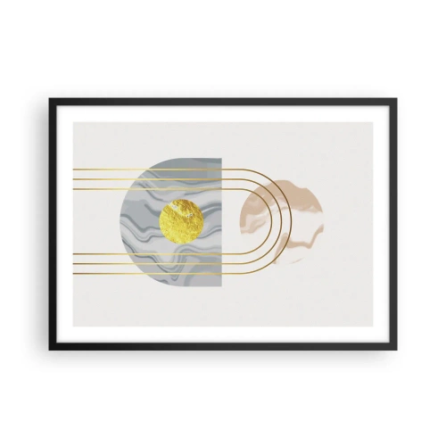 Poster in cornice nera - Composizione astratta con cerchi e linee dorate su uno sfondo chiaro. - 70x50cm - Chiarezza e lucentezza - Decorazione murale moderna per soggiorno e camera da letto ARTTOR