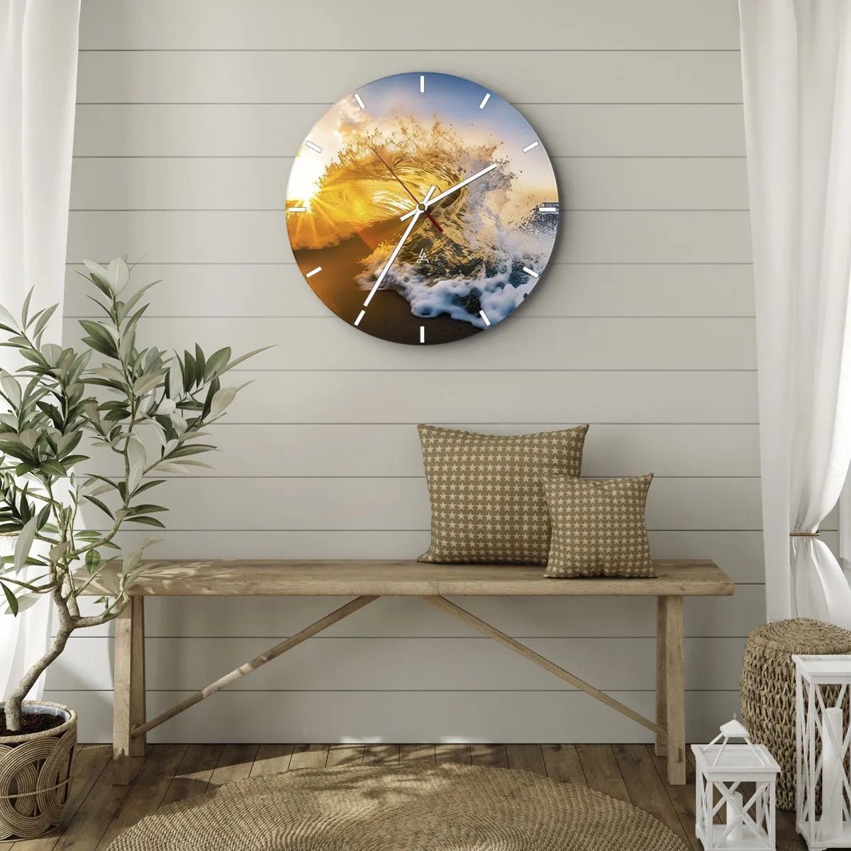 Orologio da parete - Orologio in Vetro - Un'onda del mare illuminata dai raggi del sole al tramonto - 30x30cm - Gioco sulla sabbia - Decorazione murale moderna per soggiorno, cucina e camera da letto ARTTOR