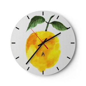 Orologio da parete - Orologio in Vetro - Limone giallo con foglie verdi in stile acquerello - 30x30cm - Scoprire il sapore del sole - Decorazione murale moderna per soggiorno, cucina e camera da letto ARTTOR