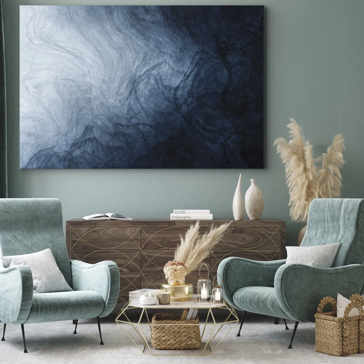 Quadro su tela - Stampe su Tela - Una composizione astratta nei toni del blu e del blu navy. - 120x80cm - Arrivando in profondità - Decorazione murale moderna per soggiorno e camera da letto ARTTOR