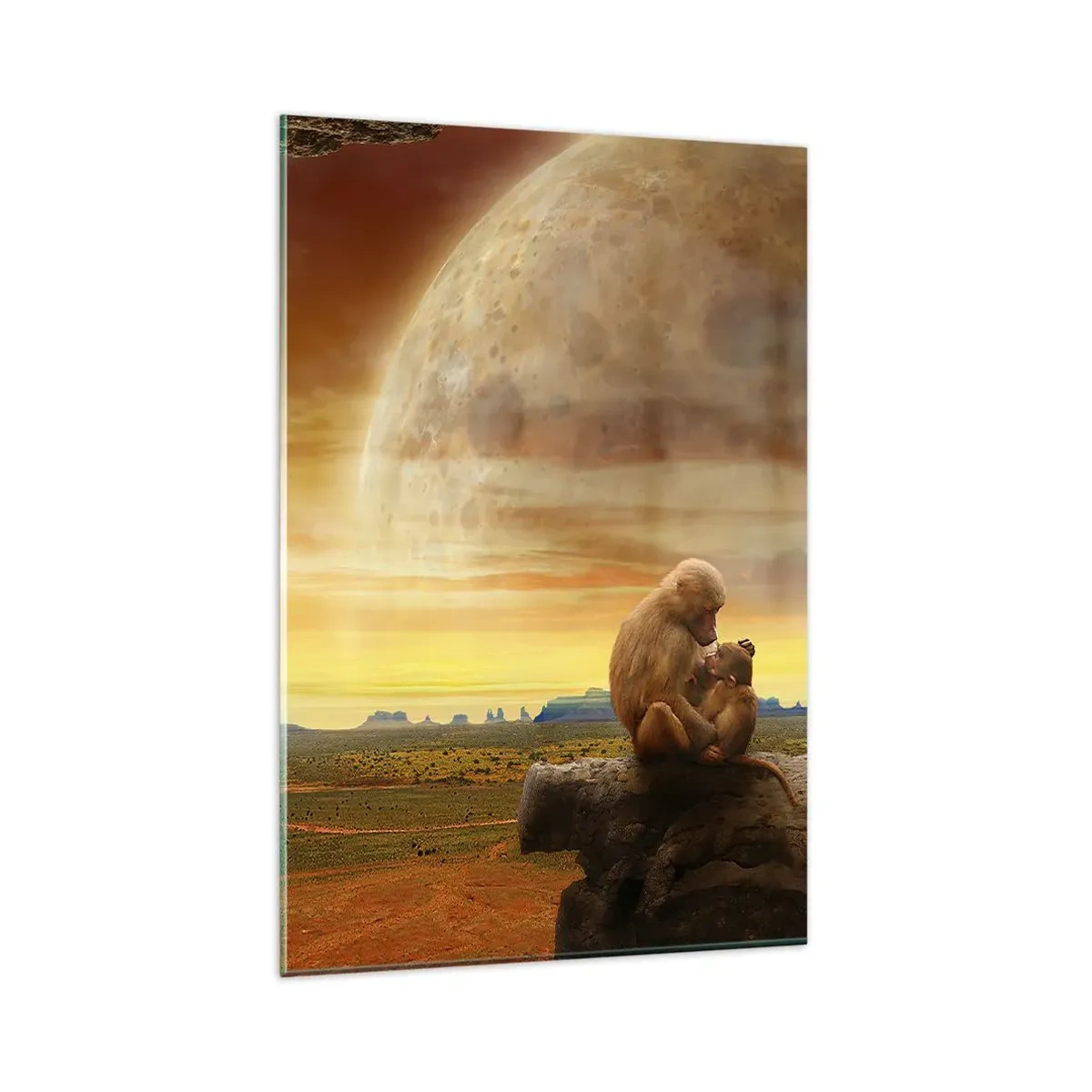 Quadro su vetro - Scimmie sedute su una roccia in un paesaggio surreale con un pianeta gigante - 80x120cm - L'amore è ovunque lo stesso - Decorazione murale moderna per soggiorno e camera da letto ARTTOR