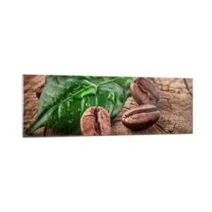 Quadro su vetro - Chicchi di caffè e foglia verde su uno sfondo di legno - 160x50cm - Nero e autentico - Decorazione murale moderna per soggiorno e camera da letto ARTTOR