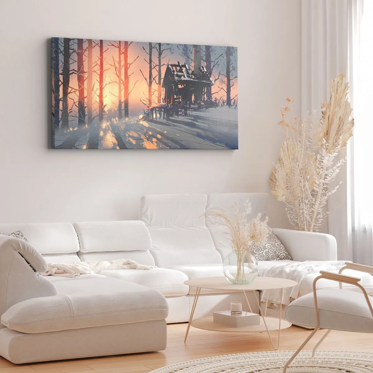 Quadro su tela - Stampe su Tela - Una casetta nel bosco in un paesaggio invernale con i raggi del sole al tramonto - 120x50cm - Qui solamente il sole osserva - Decorazione murale moderna per soggiorno e camera da letto ARTTOR