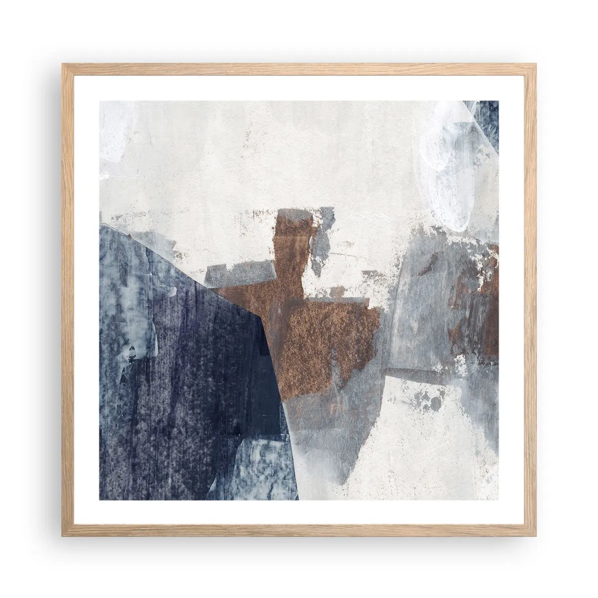 Poster in cornice rovere chiaro - Forme blu e marroni - 60x60 cm