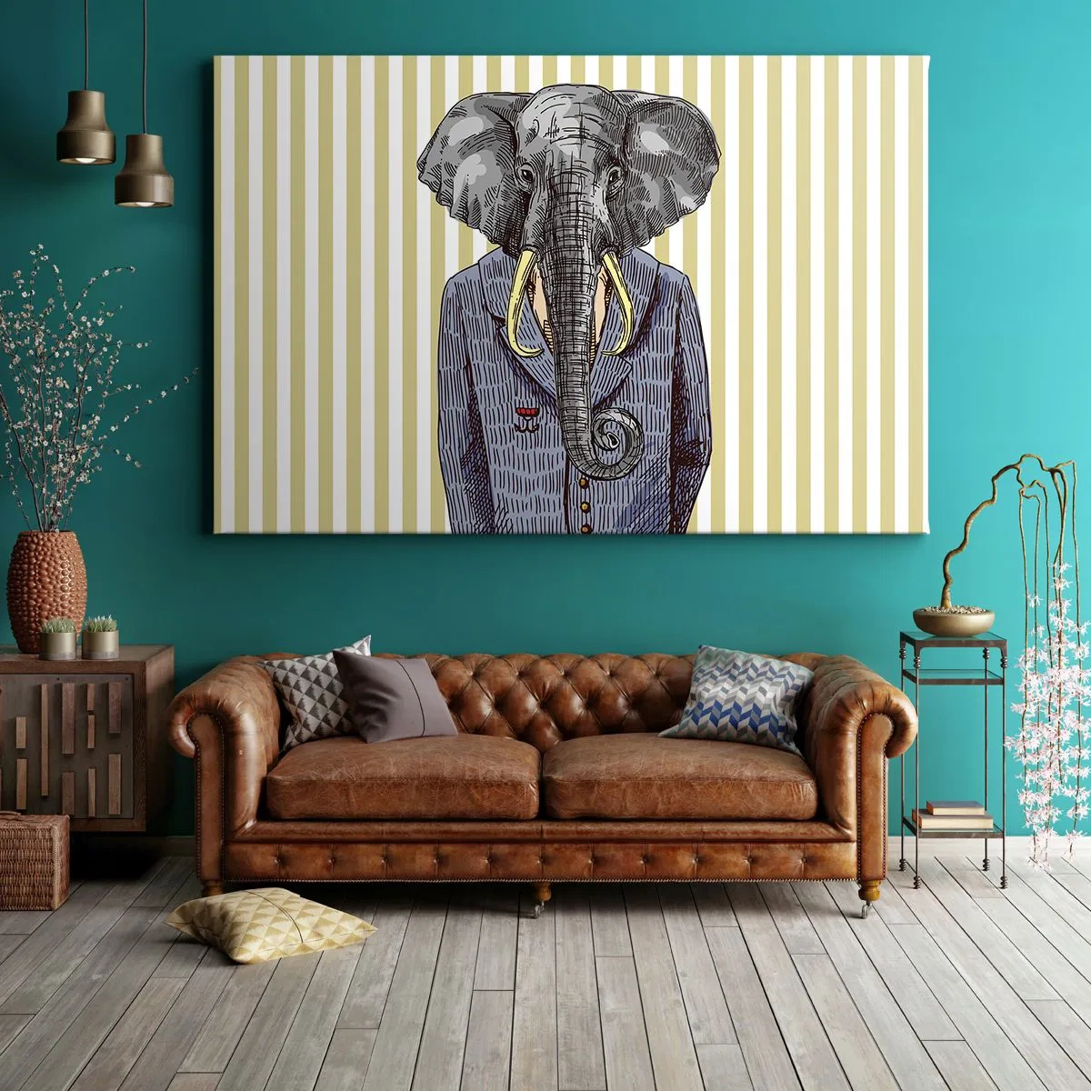 Quadro su tela - Stampe su Tela - Un elefante in abito su uno sfondo di strisce beige - 120x80cm - Elegante di natura - Decorazione murale moderna per soggiorno e camera da letto ARTTOR