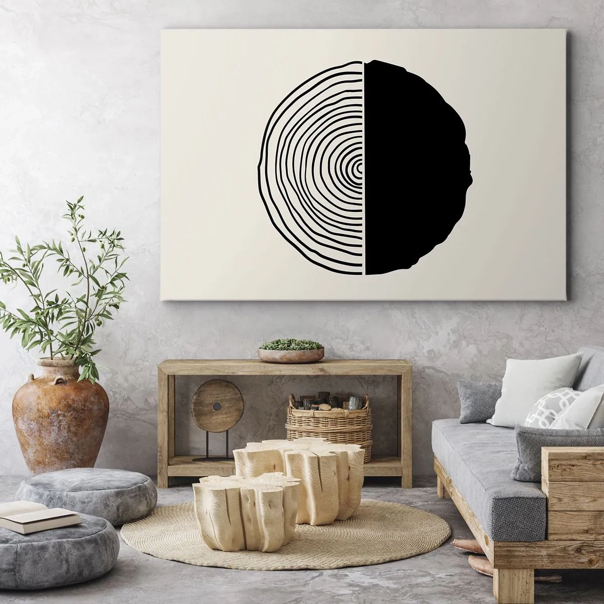 Quadro su tela - Stampe su Tela - Un motivo astratto in bianco e nero ispirato a una sezione trasversale di legno con una divisione geometrica. - 120x80cm - A metà - Decorazione murale moderna per soggiorno e camera da letto ARTTOR