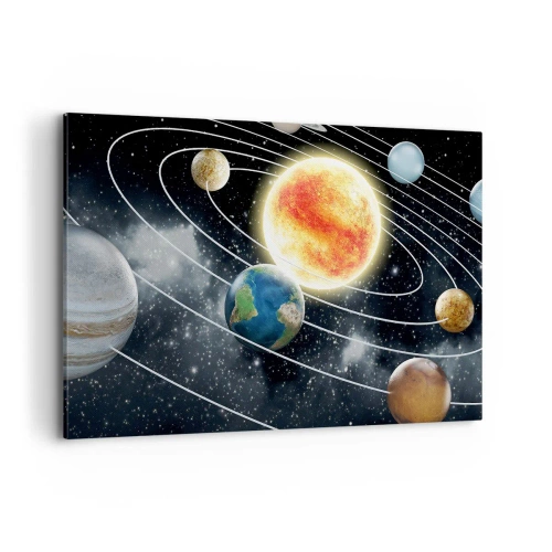 Quadro su tela - Stampe su Tela - Sistema solare con pianeti e sole nello spazio - 120x80cm - Danza cosmica - Decorazione murale moderna per soggiorno e camera da letto ARTTOR