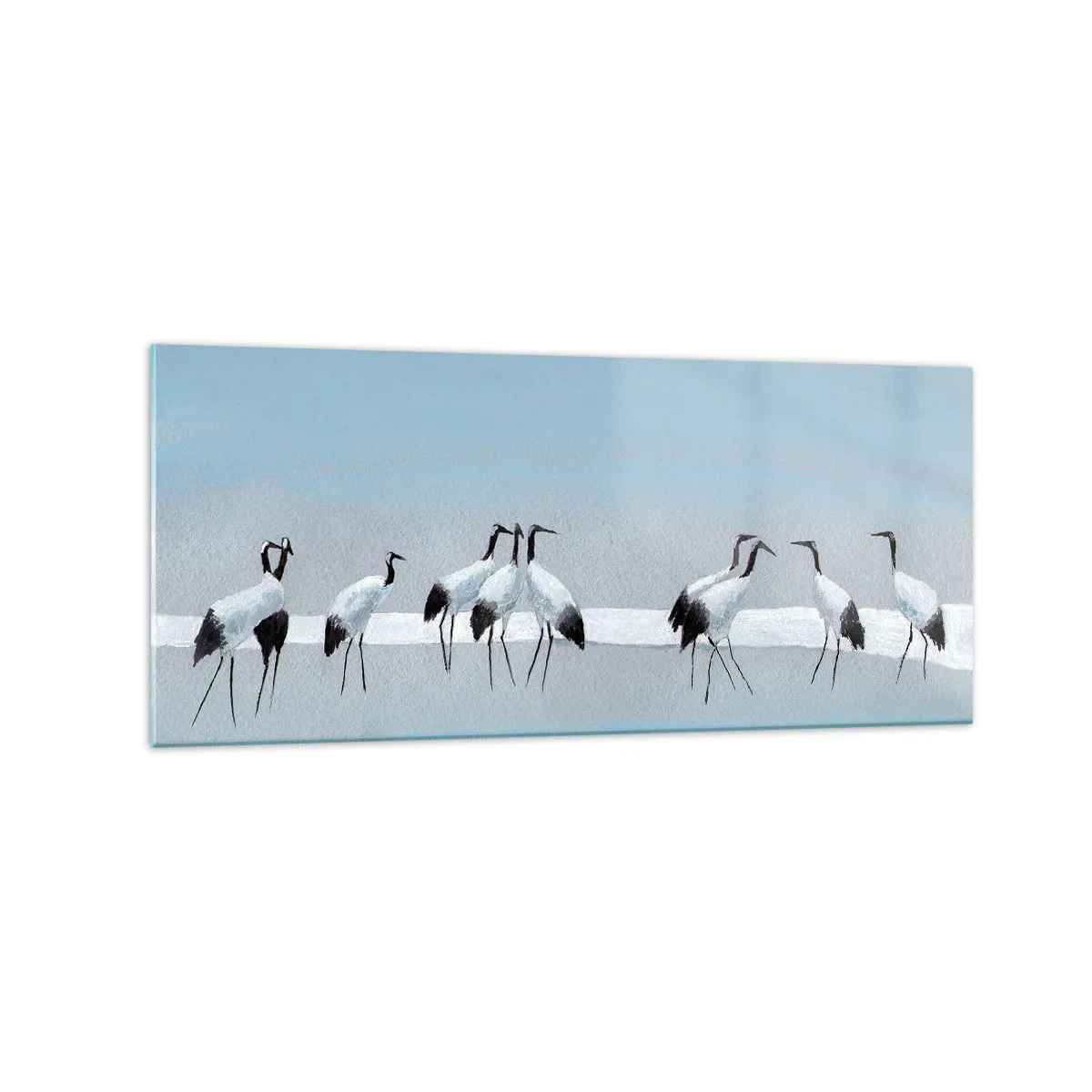 Quadro su vetro - Un gruppo di gru contro un cielo azzurro e il sole nascente - 120x50cm - Dopo un giorno rovente - Decorazione murale moderna per soggiorno e camera da letto ARTTOR