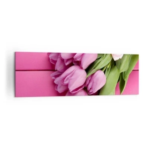 Quadro su tela - Stampe su Tela - Un mazzo di tulipani rosa con un fiocco su uno sfondo rosa - 160x50cm - Proprio per te - Decorazione murale moderna per soggiorno e camera da letto ARTTOR