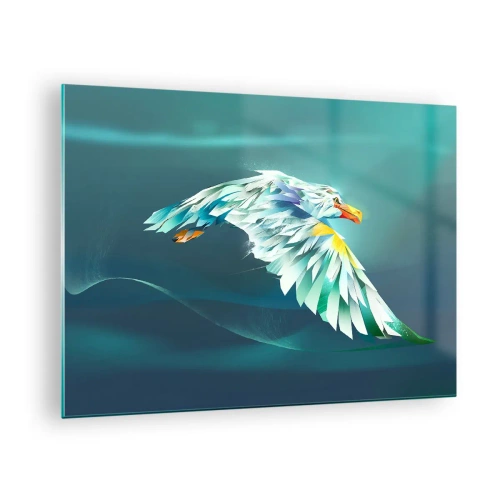 Quadro su vetro - Un'immagine astratta di un'aquila nei toni del blu e del bianco su uno sfondo di onde. - 70x50cm - Potenza del volo dell'aquila - Decorazione murale moderna per soggiorno e camera da letto ARTTOR