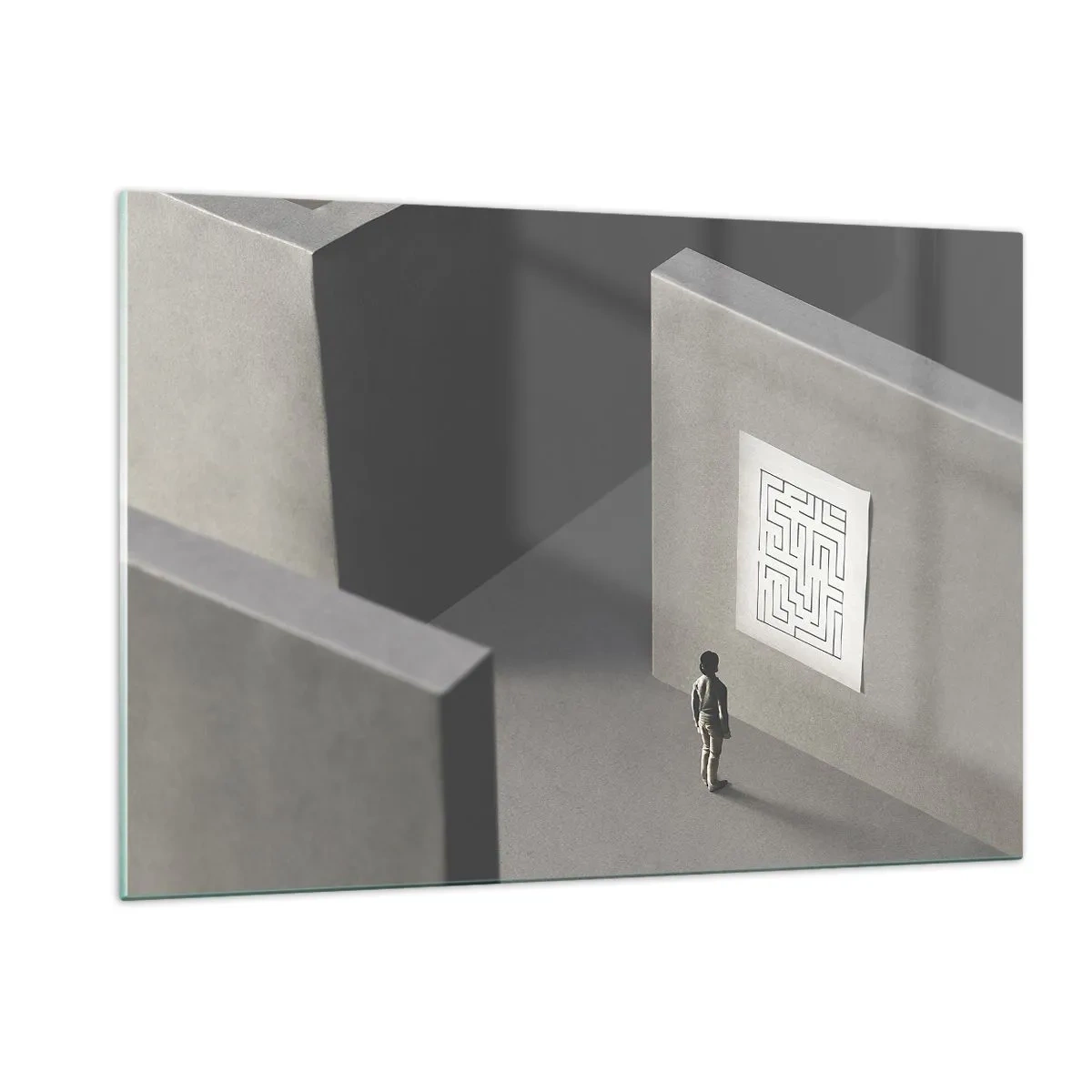 Quadro su vetro - Bambino in un labirinto con un simbolo di indovinello - 120x80cm - Ma dove mi trovo? - Decorazione murale moderna per soggiorno e camera da letto ARTTOR