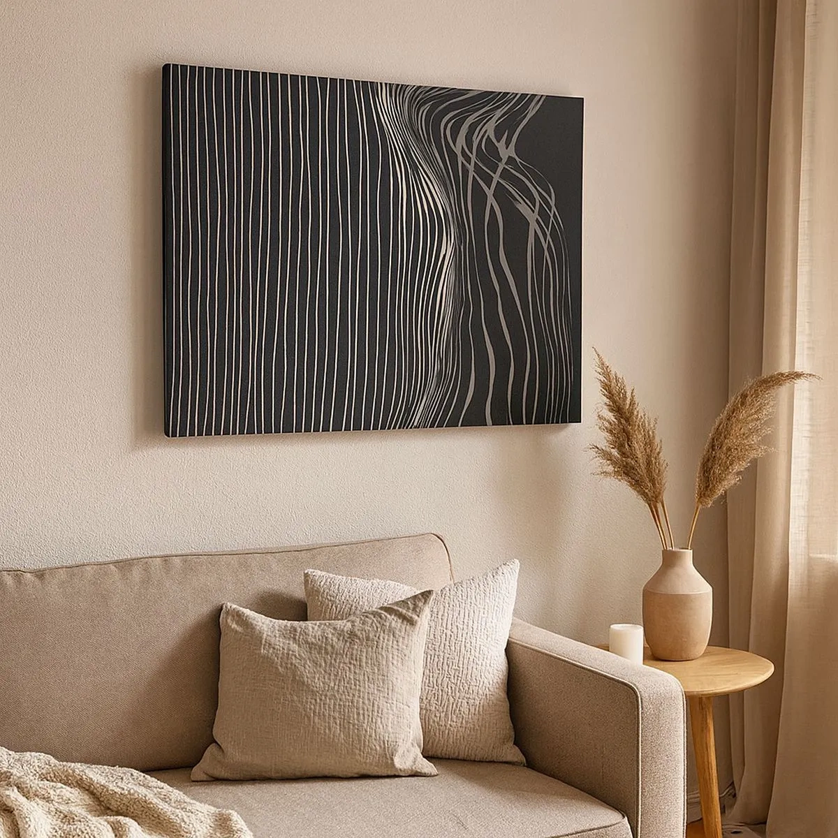 Quadro su tela - Stampe su Tela - Linee bianche su sfondo grigio scuro in una disposizione astratta - 70x50cm - Ritmo e accento - Decorazione murale moderna per soggiorno e camera da letto ARTTOR