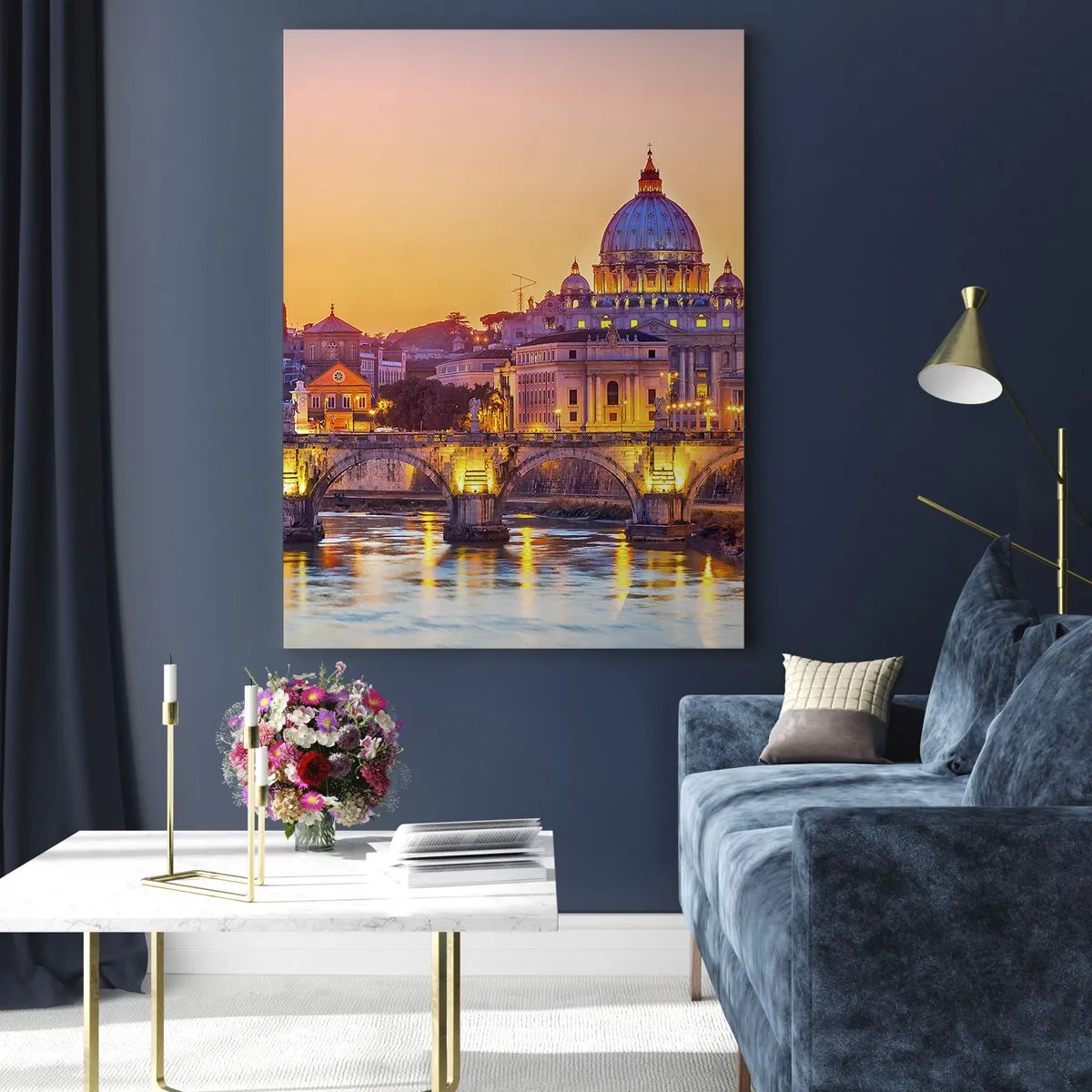 Quadro su vetro - Ponte e Basilica a Roma al tramonto - 50x70cm - Tramonto sulla Città Eterna - Decorazione murale moderna per soggiorno e camera da letto ARTTOR
