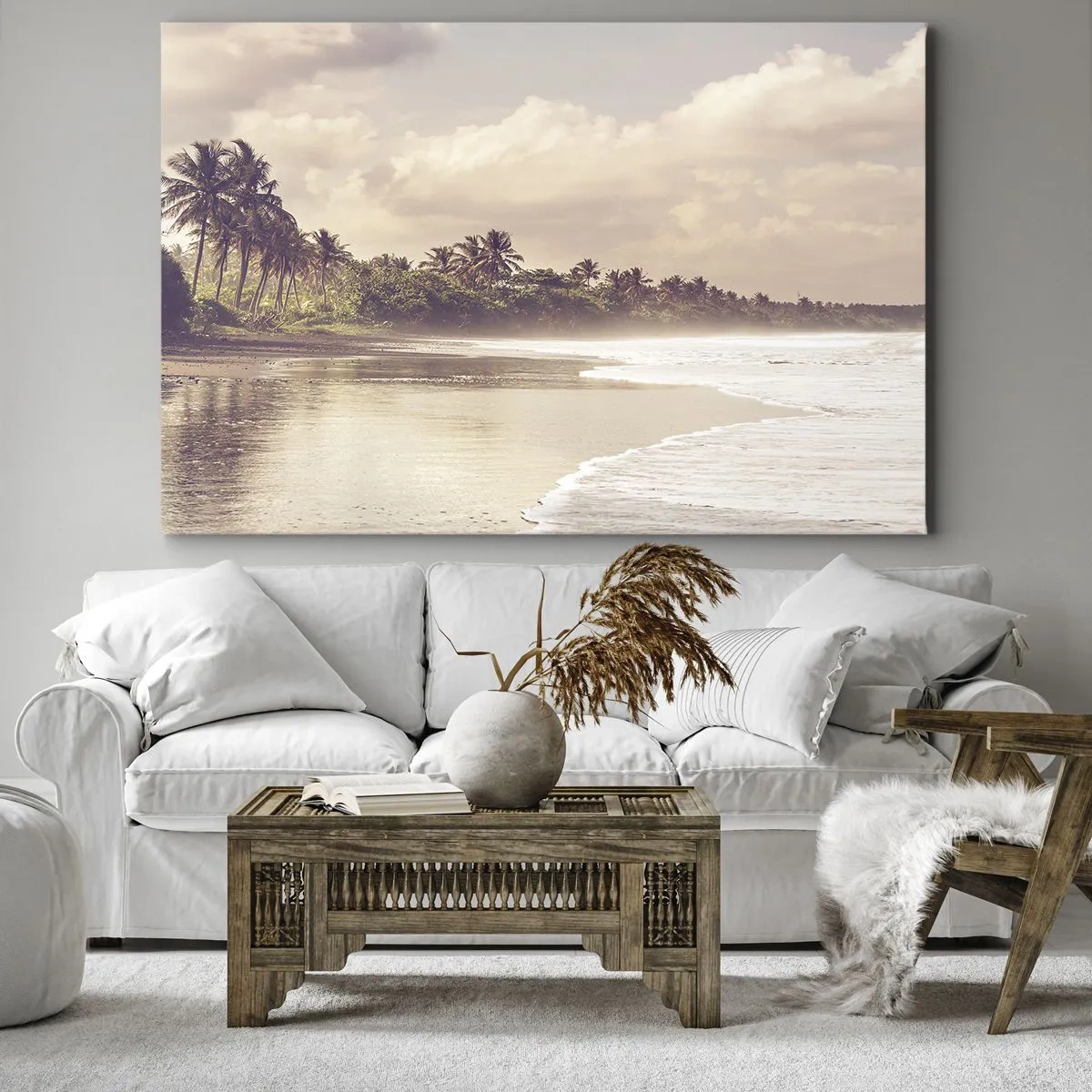 Quadro su tela - Stampe su Tela - Una spiaggia con palme e onde dolci al mattino - 120x80cm - La carezza delle onde - Decorazione murale moderna per soggiorno e camera da letto ARTTOR