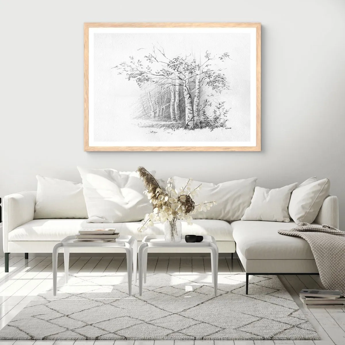 Poster in cornice rovere chiaro - La luce della foresta di betulle - 70x50 cm