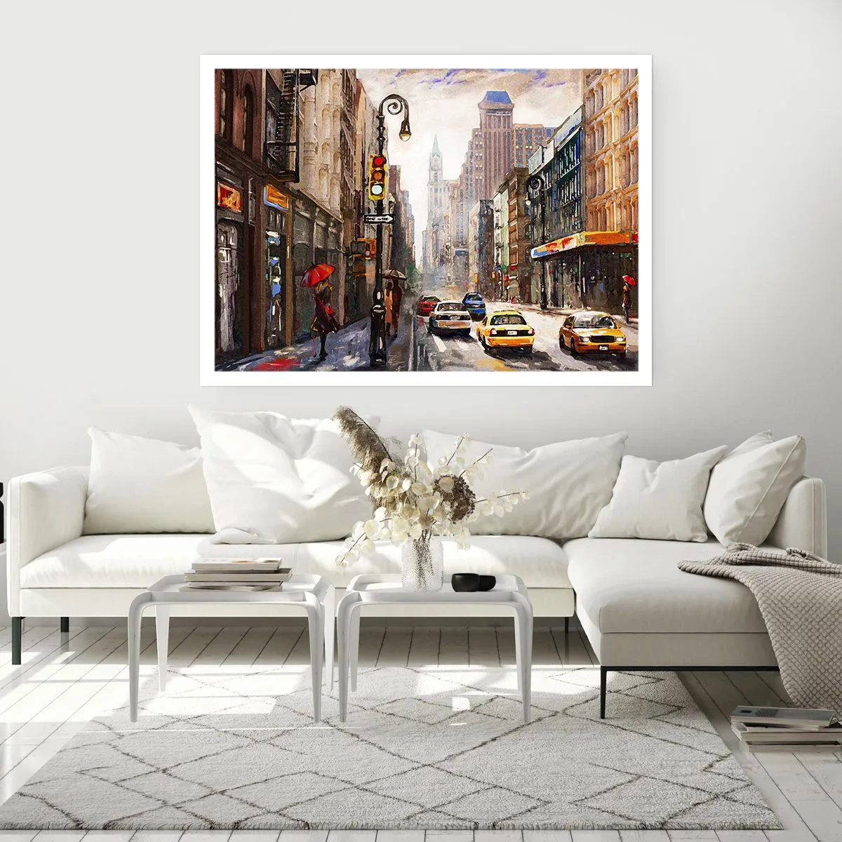 Poster - Paesaggio urbano con una strada e taxi gialli - 100x70cm - New York: colorata anche sotto la pioggia - Decorazione murale moderna per soggiorno e camera da letto ARTTOR