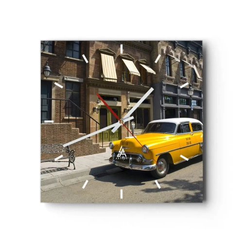 Orologio da parete - Orologio in Vetro - Un taxi giallo su una strada fiancheggiata da case popolari - 30x30cm - Tanto tempo fa in America - Decorazione murale moderna per soggiorno e camera da letto ARTTOR
