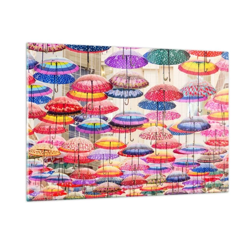 Quadro su vetro - Una fotografia di ombrelli colorati sospesi in aria. - 120x80cm - Prato cittadino - Decorazione murale moderna per soggiorno e camera da letto ARTTOR
