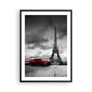Poster in cornice nera - Un'auto rossa davanti alla Torre Eiffel in bianco e nero - 50x70cm - Non molto tempo fa a Parigi - Decorazione murale moderna per soggiorno e camera da letto ARTTOR