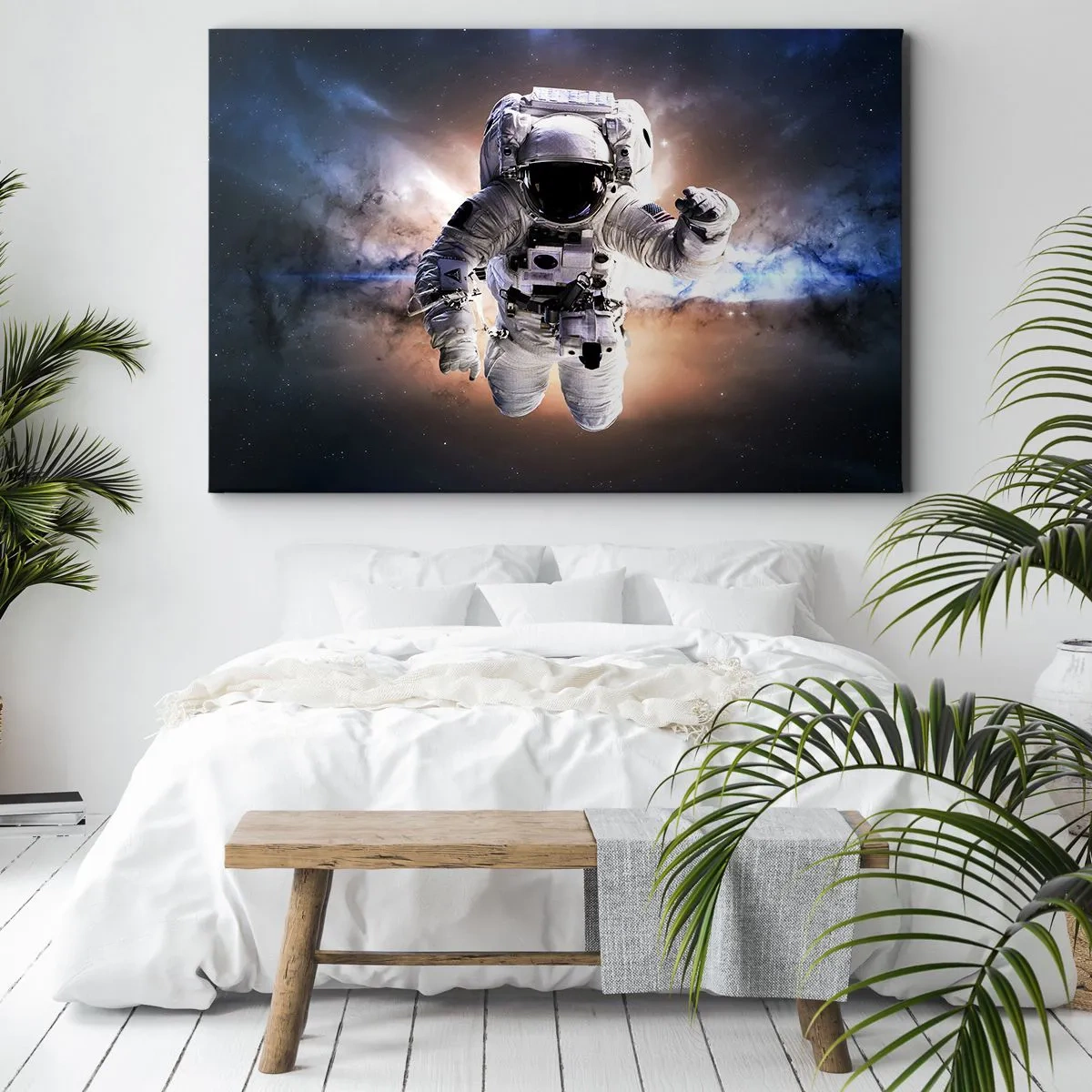 Quadro su tela - Stampe su Tela - Astronauta nello spazio - 100x70cm - Saluti dal cosmo - Decorazione murale moderna per soggiorno e camera da letto ARTTOR